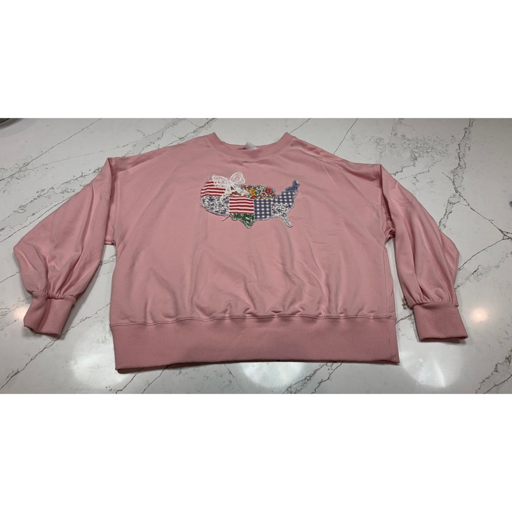 Scrap-Work Boutique Pink USA Patchwork Lace Bow Sweatshirt Medium Womens